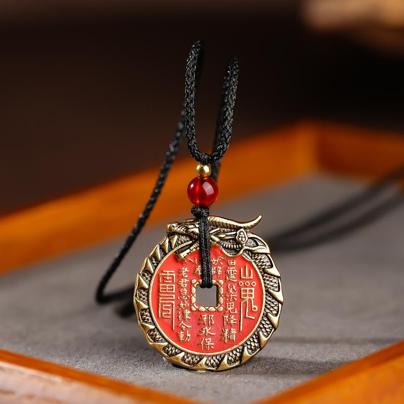 朱砂山贵花钱红底蛟龙花钱男女同款国风吊坠挂件饰品