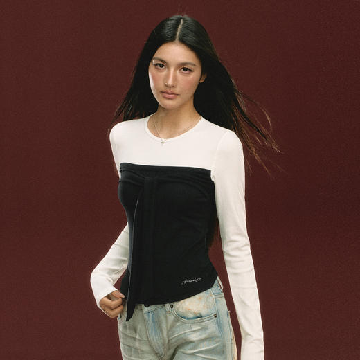 Ariseism 美式复古设计感假两件长袖T恤女秋季新款修身上衣 商品图2