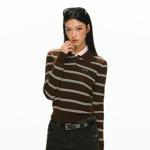 Ariseism 美式复古设计感翻领条纹针织衫毛衣女秋冬新款修身上衣 商品图0
