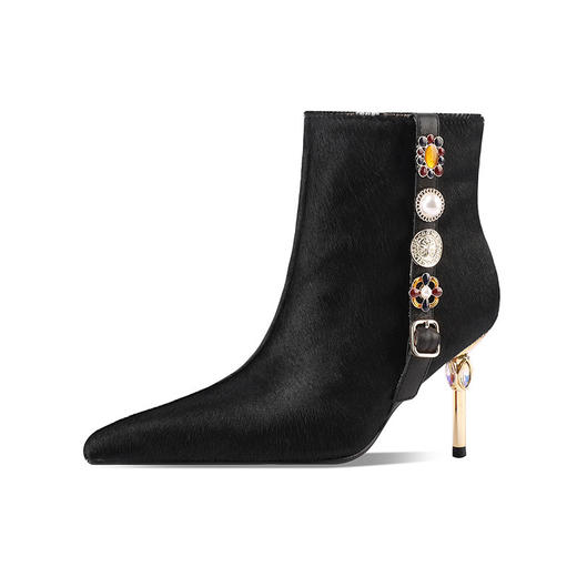 【预售5天】尖头水钻短靴女细跟黑色高跟祼靴马毛及踝靴CX092-3 商品图3