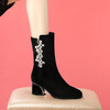 【预售5天】水钻优雅中高跟短靴秋冬加绒磨砂黑色中筒女靴N3533 商品缩略图2