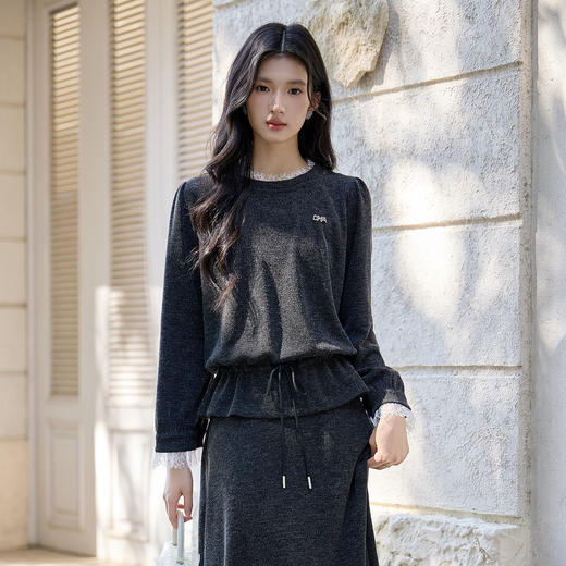 奢姿胖妹妹大码2025冬季蕾丝圆领针织衫长袖上衣温柔风打底毛衣9954253818A 商品图0