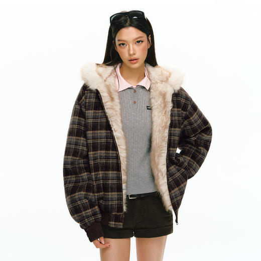 Ariseism 美式复古设计感毛毛格子棉服女秋冬新款修身棉衣外套 商品图1