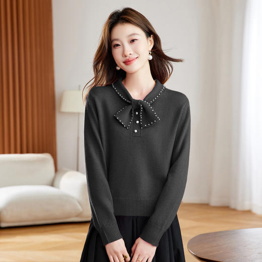 法式蝴蝶结钉珠长袖打底针织衫，厚款毛衣设计感小众内搭上衣CC-QL-8963 商品图2
