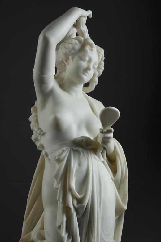 独角鹿西洋古董19世纪法国雕塑名家Albert Ernest Carrier Belleuse签名创作人物主题大理石雕塑作品《持镜女子》 商品图5