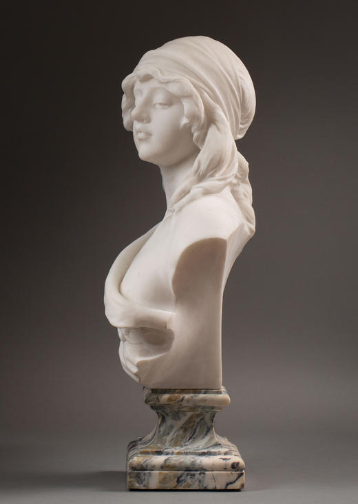 独角鹿西洋古董1900年代意大利雕塑家Adolfo Cipriani签名创作新艺术风格卡拉拉大理石少女半身像雕塑作品 商品图4