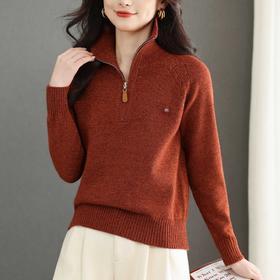 酒红半拉链高领毛衣绞花针织，软糯亲肤妈妈装气质打底毛衣CC-103-18036