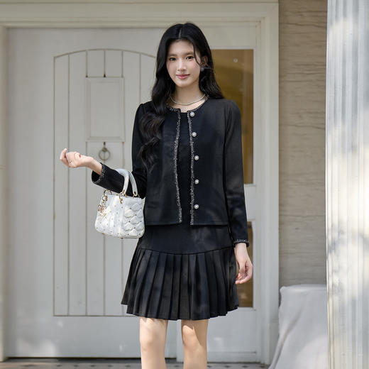 奢姿大码女装2025冬季胖妹妹时尚小香风外套气质百褶设计半裙套装9954994384 商品图4