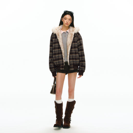 Ariseism 美式复古设计感毛毛格子棉服女秋冬新款修身棉衣外套 商品图3