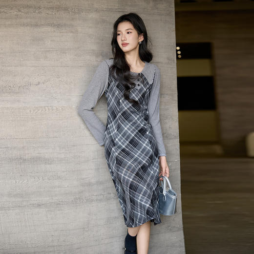 奢姿大码女装2025冬季减龄格纹连衣裙胖妹妹娃娃领设计时尚裙子9954894337 商品图2