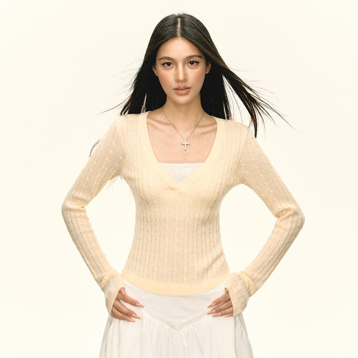 Ariseism 美式复古设计感假两件针织衫女秋冬新款内搭打底毛衣 商品图0