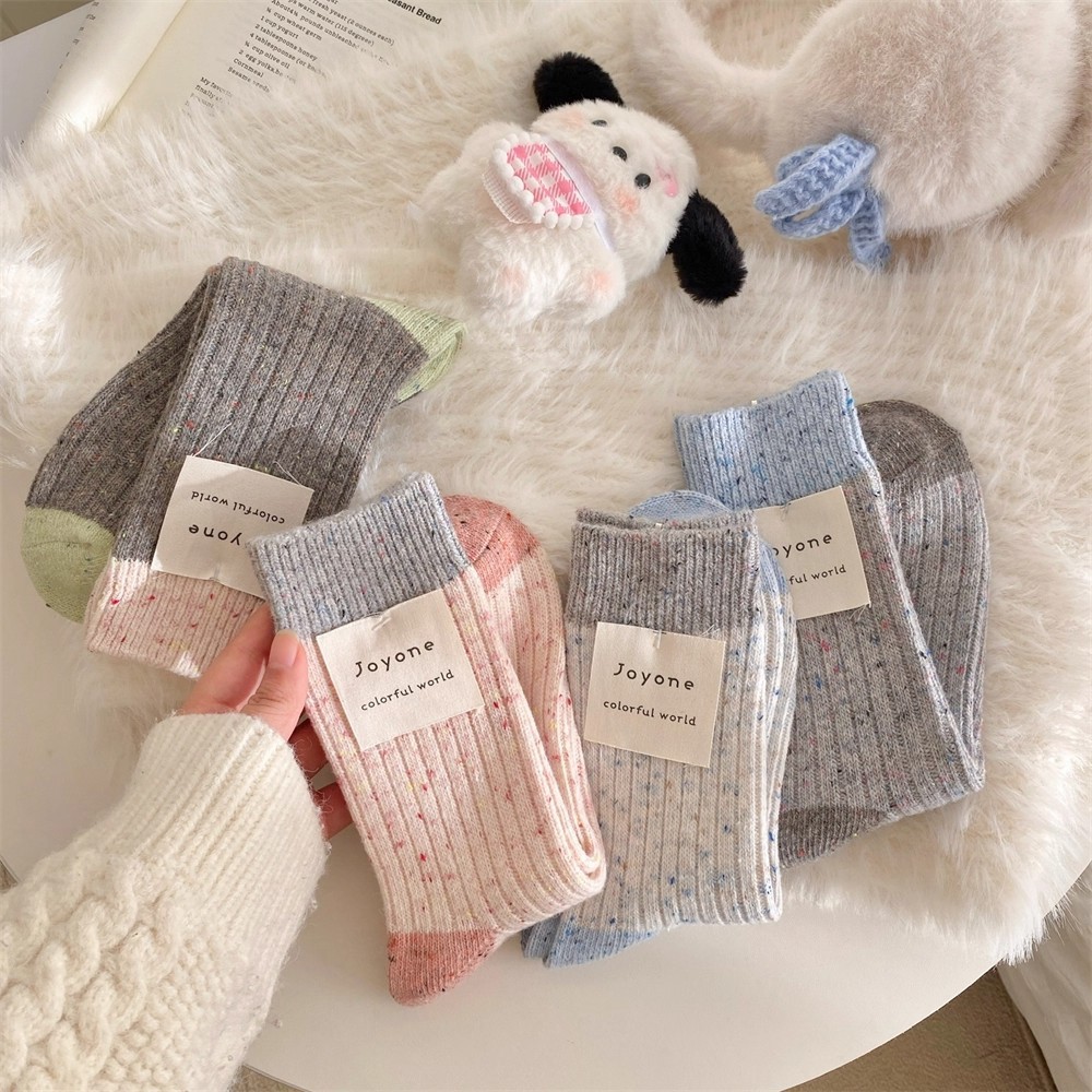 超值19.9四双！【云感舒适不紧绷❗️简约时尚高级感】秋冬韩版ins潮点子纱中筒袜灰蓝奶盐堆堆袜撞色拼接加厚保暖长袜。jb