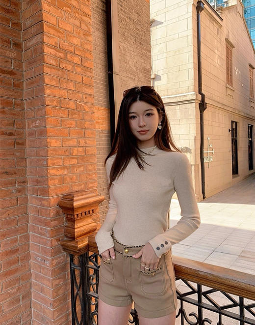 袖扣子厚一点正肩羊毛抗起球混纺针织基础打底衫 商品图5