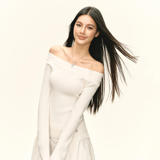 Ariseism美式复古设计感白色一字肩针织衫毛衣女秋冬新款修身上衣 商品图2