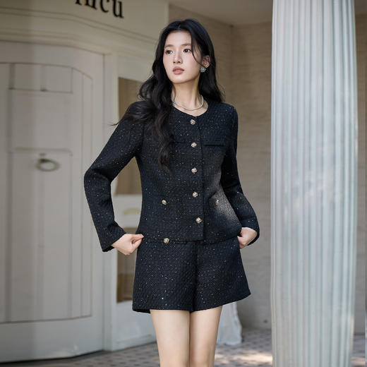 奢姿2025大码小香风套装女圆领亮丝短外套高腰短裤气质时尚两件套9954970509AB 商品图2