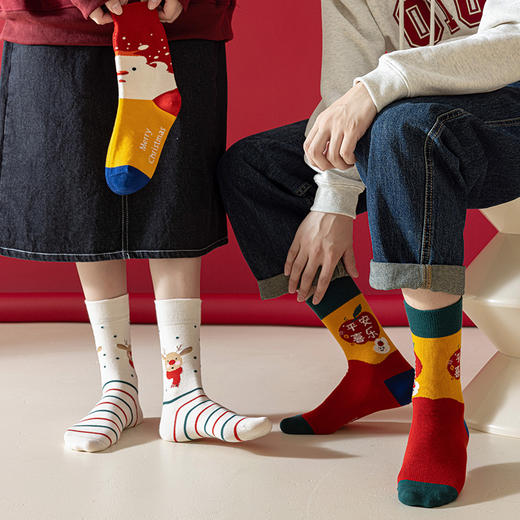 蔓楚秋冬亲子款男女时尚潮流圣诞节配色袜子吸湿排汗中筒袜 商品图4