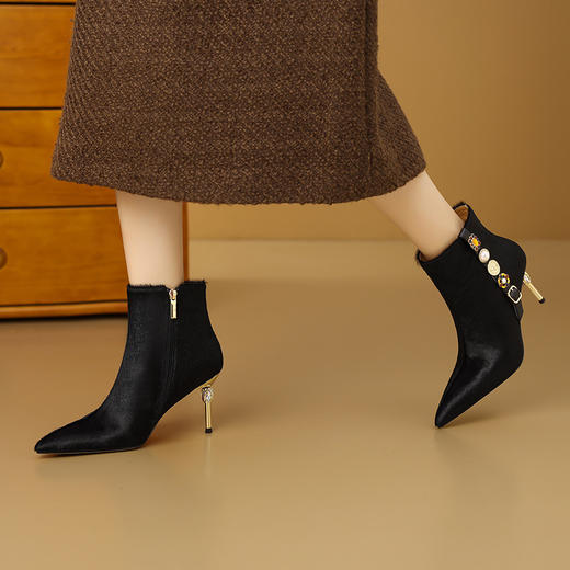 【预售5天】尖头水钻短靴女细跟黑色高跟祼靴马毛及踝靴CX092-3 商品图2