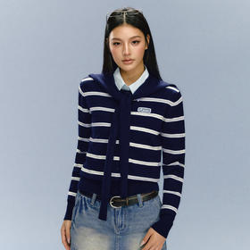 Ariseism 美式复古设计感海军风条纹针织衫女秋冬新款修身上衣