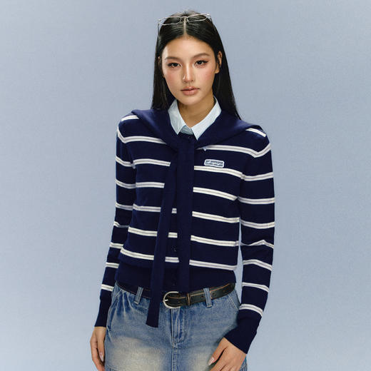 Ariseism 美式复古设计感海军风条纹针织衫女秋冬新款修身上衣 商品图0