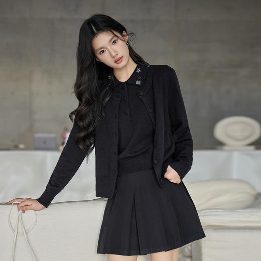 奢姿大码女装2025冬季新款花朵装饰翻领针织开衫胖妹妹背心套装9654953814 商品图2