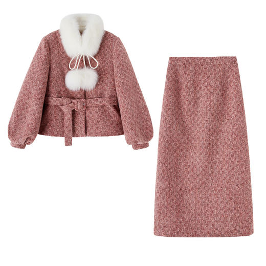 新中式真狐狸毛羽绒服套装，显瘦千金感裙子两件套HR-ZYQF32 商品图4