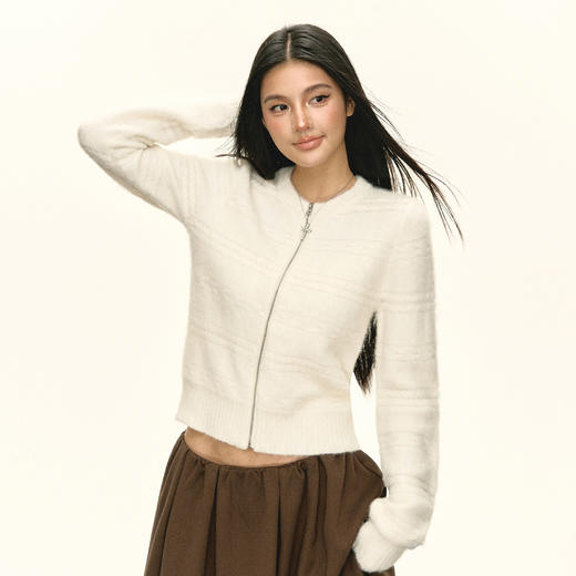 Ariseism 美式复古设计感圆领拉链开衫毛衣女秋冬新款修身上衣 商品图1