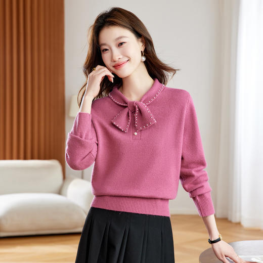 法式蝴蝶结钉珠长袖打底针织衫，厚款毛衣设计感小众内搭上衣CC-QL-8963 商品图3