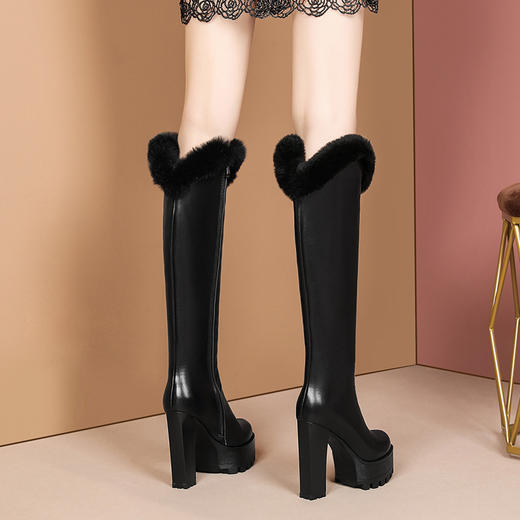 【预售5天】长筒靴真皮靴气场开超高跟防水台毛毛有型显瘦粗跟不过膝靴JX-5029 商品图1