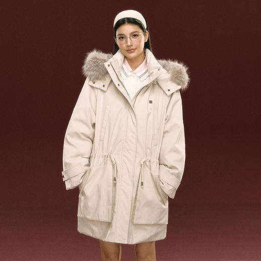 Ariseism美式复古设计感可拆卸帽子毛领棉服女冬季新款中长款外套 商品图0