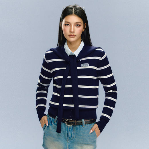 Ariseism 美式复古设计感海军风条纹针织衫女秋冬新款修身上衣 商品图1