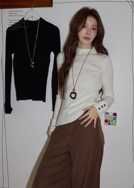 袖扣子厚一点正肩羊毛抗起球混纺针织基础打底衫 商品图2