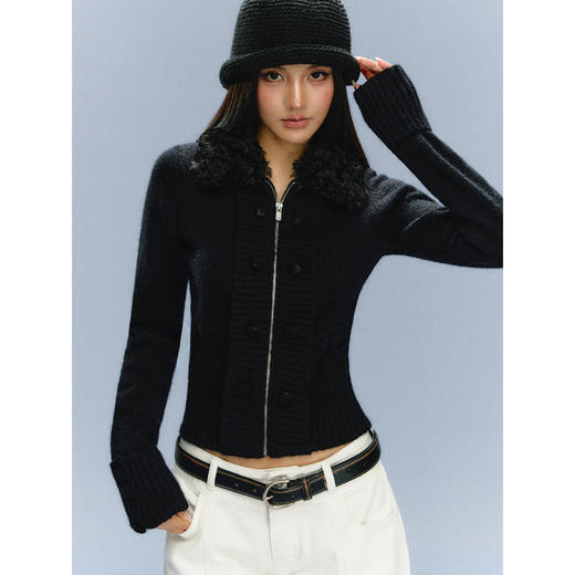 Ariseism 美式复古可拆卸毛领拉链毛衣女秋季新款修身针织上衣 商品图1