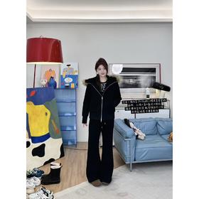 25AW上新 蕾蕾同款【超模套装】毛领可拆卸加厚绒卫衣外套+宽边全松紧高腰微喇裤