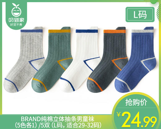 BRAND纯棉立体抽条男童袜（5色各1）/5双（L码，适合29-32码）补单专用 商品图0