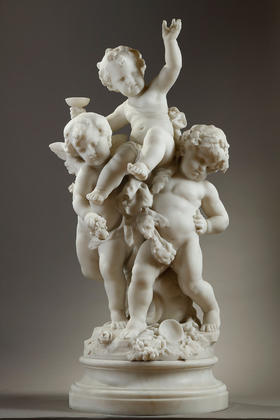 独角鹿西洋古董19世纪法国著名雕塑家Math. Moreau签名创作神话人物主题卡拉拉大理石雕塑作品《年轻的巴克斯》