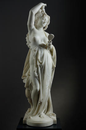 独角鹿西洋古董19世纪法国雕塑名家Albert Ernest Carrier Belleuse签名创作人物主题大理石雕塑作品《持镜女子》