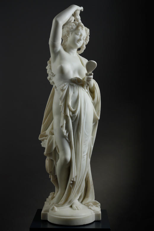 独角鹿西洋古董19世纪法国雕塑名家Albert Ernest Carrier Belleuse签名创作人物主题大理石雕塑作品《持镜女子》 商品图0