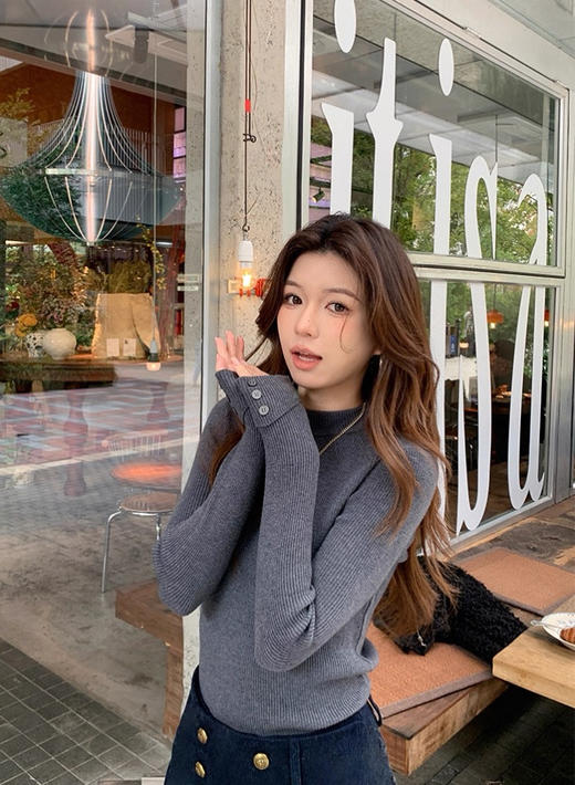 袖扣子厚一点正肩羊毛抗起球混纺针织基础打底衫 商品图9