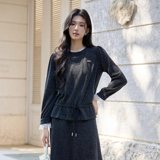 奢姿胖妹妹大码2025冬季蕾丝圆领针织衫长袖上衣温柔风打底毛衣9954253818A 商品图1