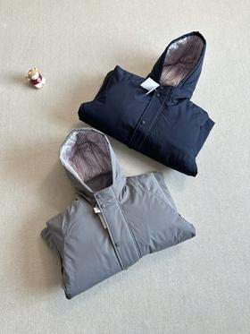 四杠荷包彩条80鹅绒羽绒男女同款加厚连帽羽绒服