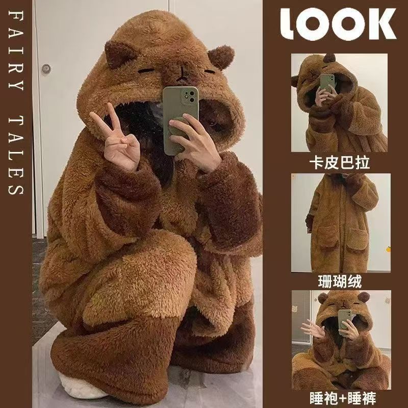 【YW】无忧购【甄选】卡通可爱卡皮巴拉水豚秋冬季加厚睡袍套装珊瑚绒睡衣女家居服（截单后3-5天发货)