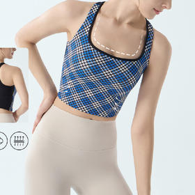 跃牌【海听系列】固定胸垫运动内衣女千鸟格印花瑜伽背心防震健身文胸XC110