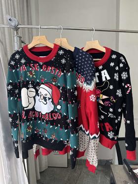 贝壳三 氛围感圆领提花针织衫女圣诞节卡通套头打底毛衣C120530