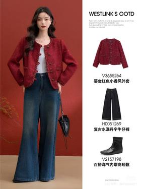 洋气酒红色小香风外套好显白啊