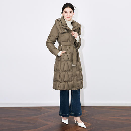 简约连帽收腰系带御寒保暖长款90白鸭绒羽绒服WLZD2432508 商品图3