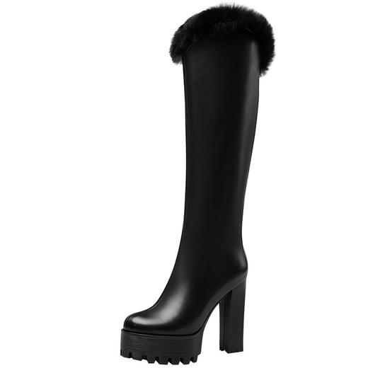 【预售5天】长筒靴真皮靴气场开超高跟防水台毛毛有型显瘦粗跟不过膝靴JX-5029 商品图3