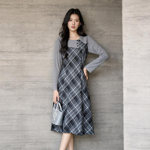 奢姿大码女装2025冬季减龄格纹连衣裙胖妹妹娃娃领设计时尚裙子9954894337 商品图0