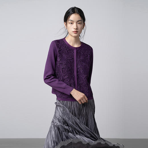 【林栖设计小店】（预售12月28日发货）立体绣花紫毛织外套镂空复古优雅2026早春新款长袖上衣女T1961308+半裙T1961309 商品图1