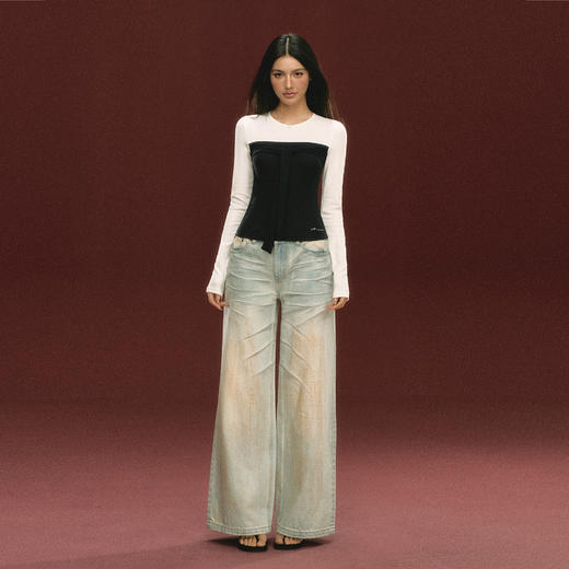 Ariseism 美式复古设计感假两件长袖T恤女秋季新款修身上衣 商品图3