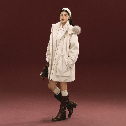 Ariseism美式复古设计感可拆卸帽子毛领棉服女冬季新款中长款外套 商品图3
